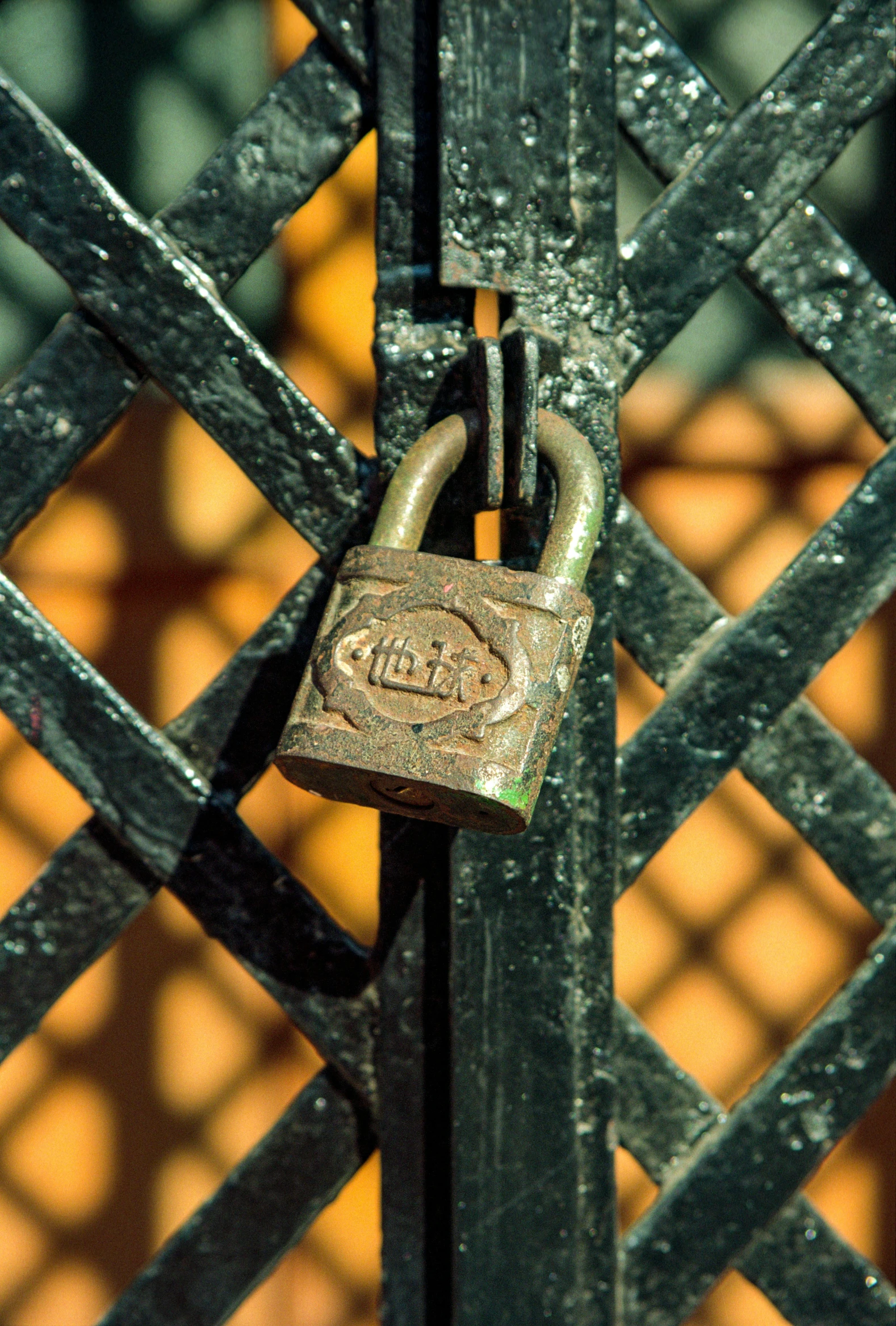 the metal fence is locked by the padlock