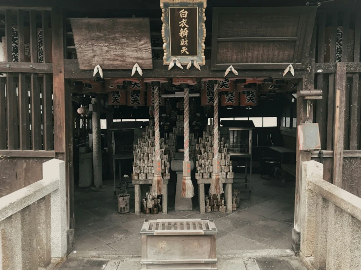 the interior of an asian style temple with sculptures in it