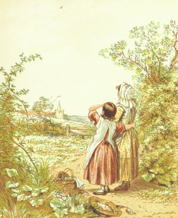 two women are near the woods looking at soing