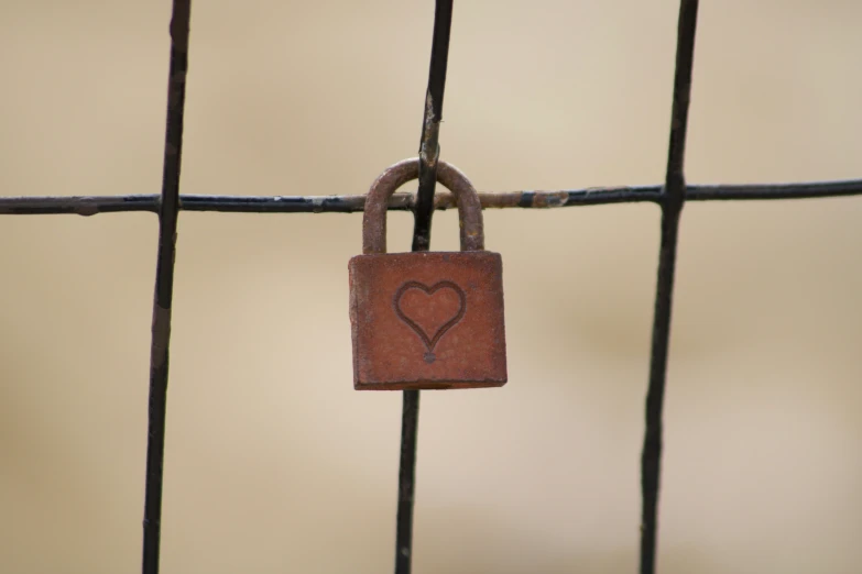 a padlock and heart shaped lock attached to a gate