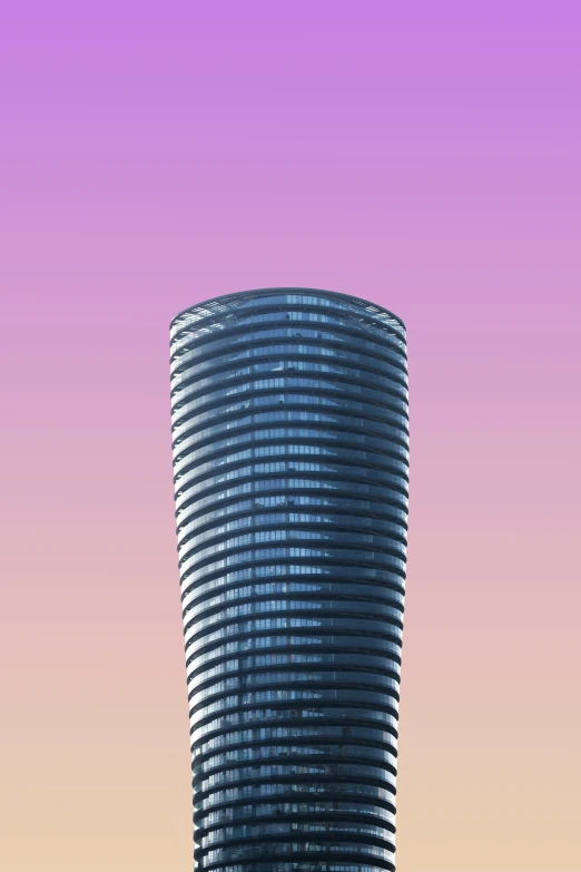 a tower like building stands near a red car