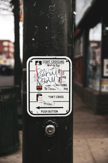 a sticker on the side of a telephone pole in a city