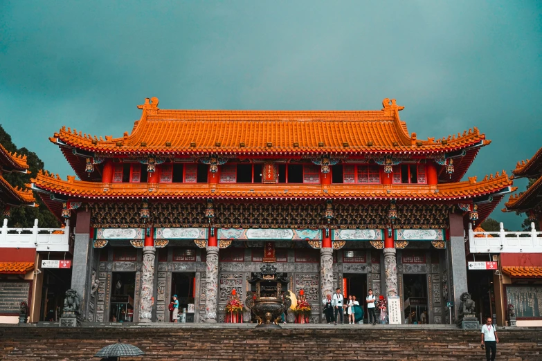 a chinese style structure in an open area