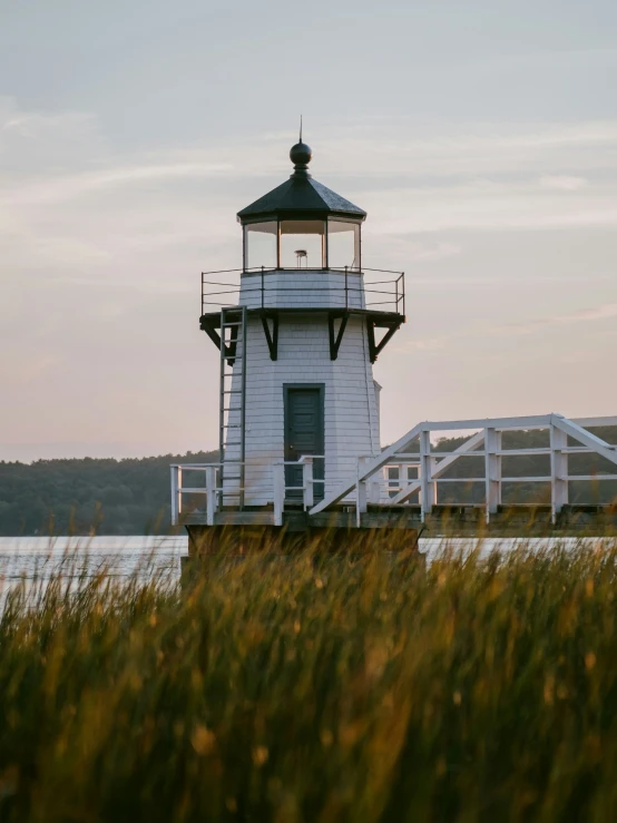 a light house near the shore with tall grass and water