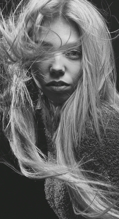 black and white portrait of woman with hair blowing