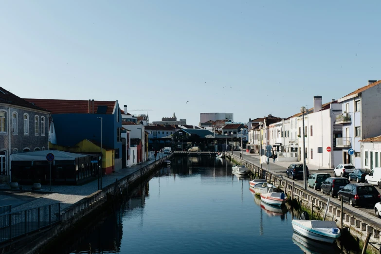 boats sit at the side of the water lined buildings