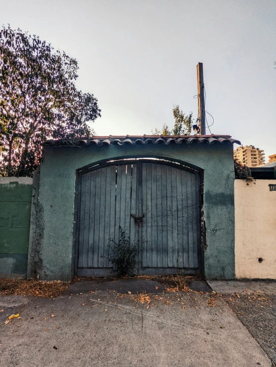 the front gate of an old home with a plant growing out of it