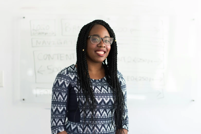 a woman standing in front of a whiteboard with writing on it