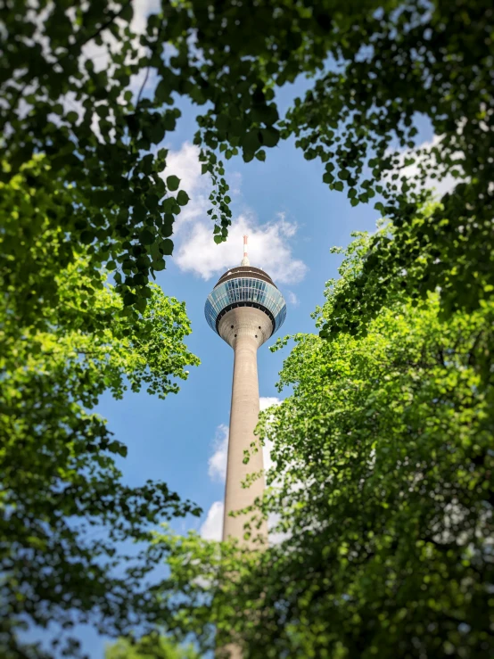 a view through trees looking up at the top of a light house