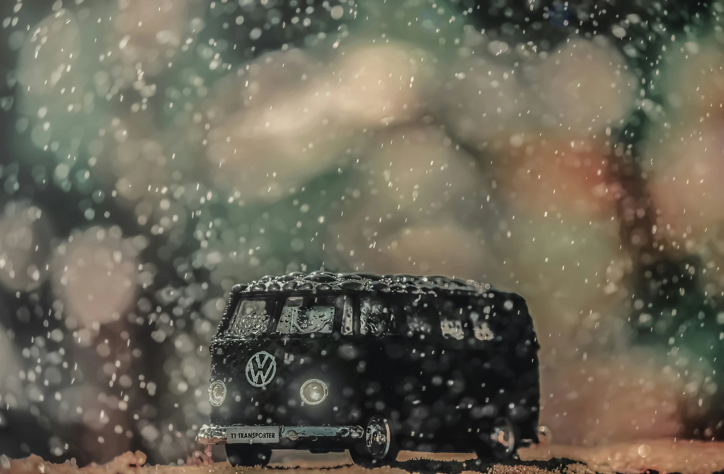 the vw bus is in the snow during winter