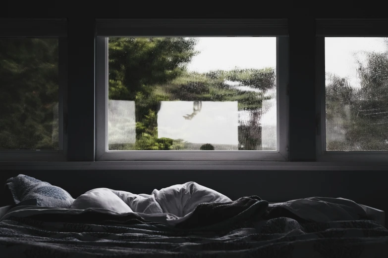 a view of a window and a bed in front of it