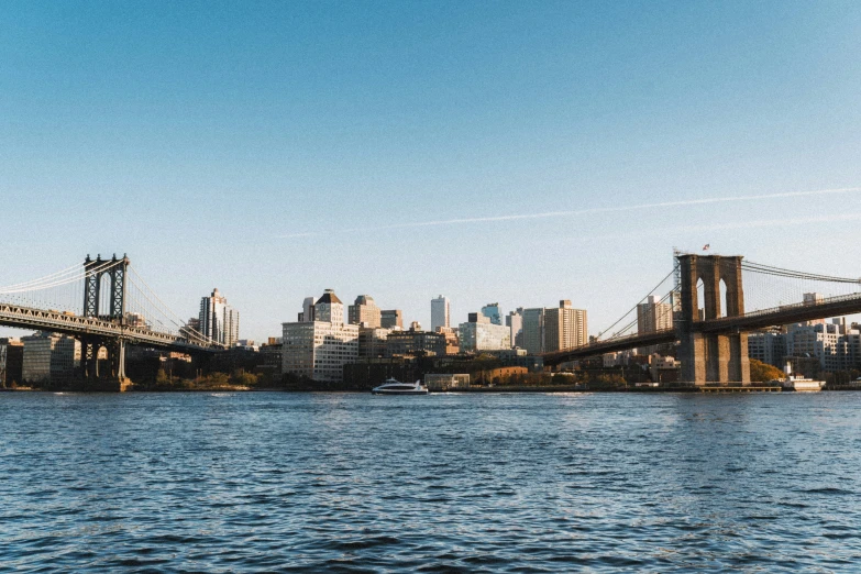 a bridge spanning the width of a city across water