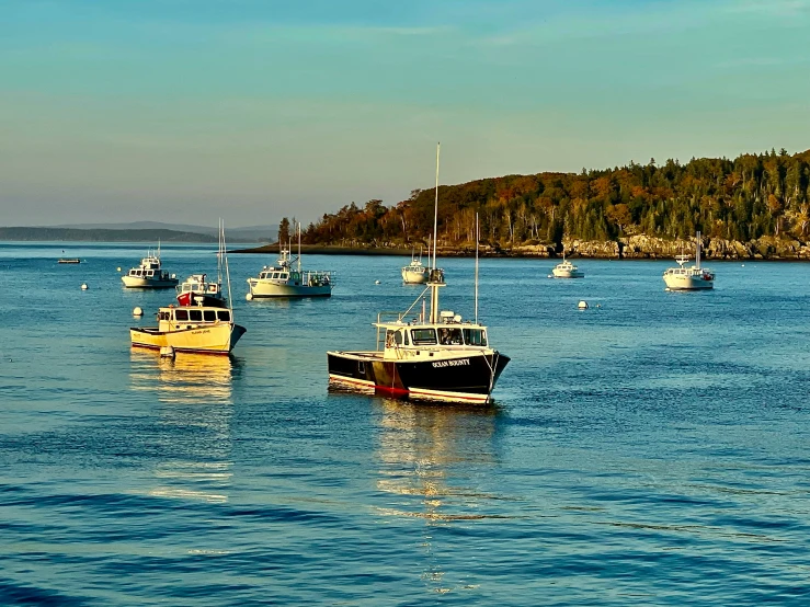 several boats floating in the water near the shore