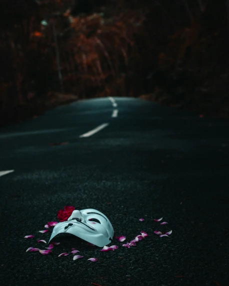 a white mask on the side of the road next to flower petals