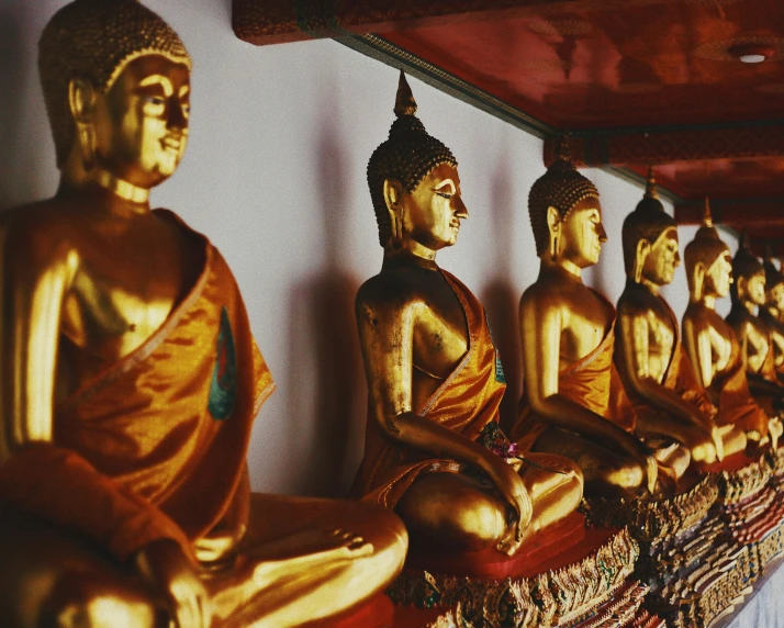 gold buddha statues line the wall above a bench