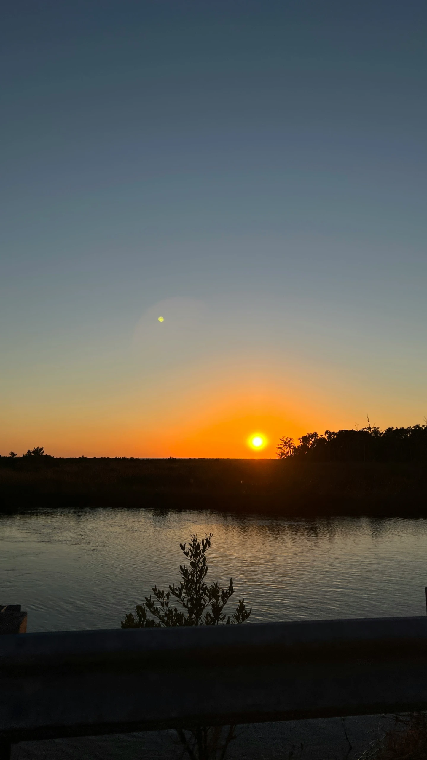 the sun setting behind trees over a river