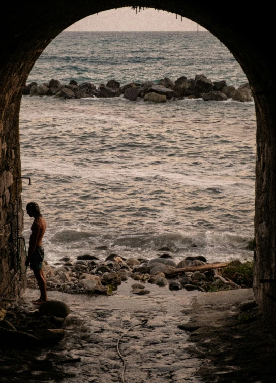 a man with  standing at the ocean