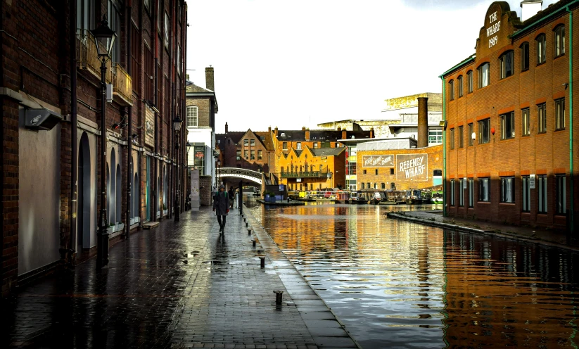 two people walking down a wet city street