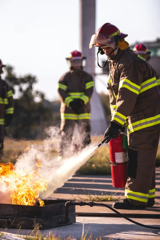 the fire fighters are putting out the flame