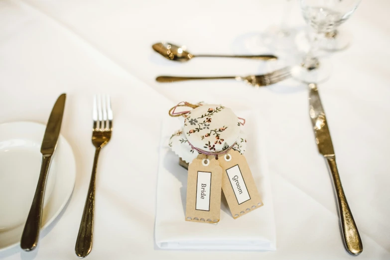 place setting with name tags and gold cutlery