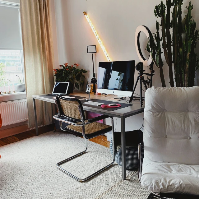 an office desk with two computers and a plant