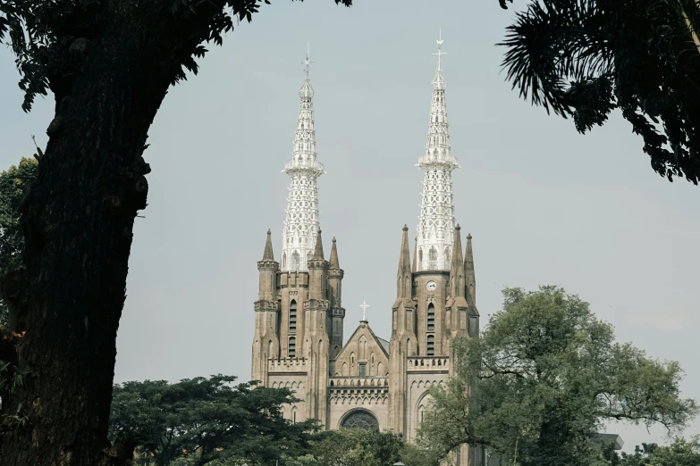 two spires on the side of a large cathedral with lots of trees