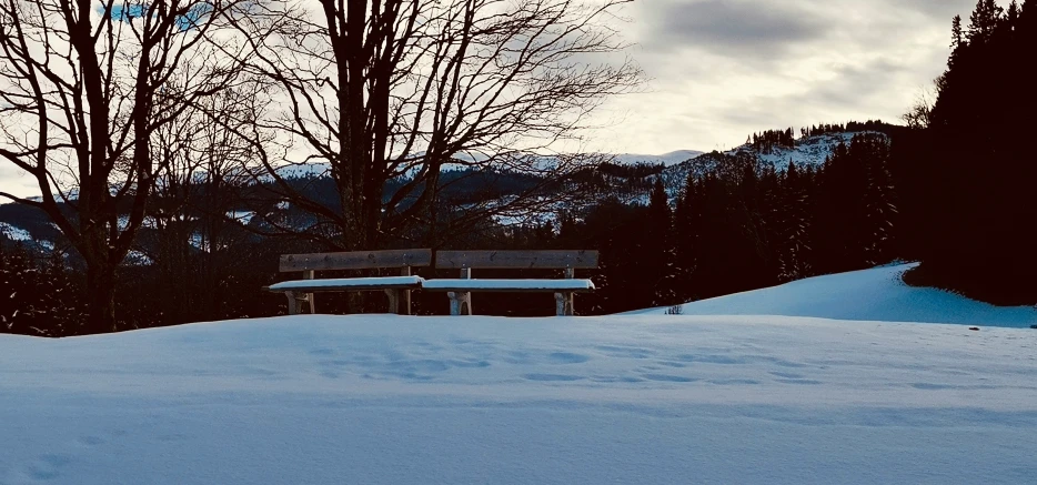 the park bench is on top of a mound of snow