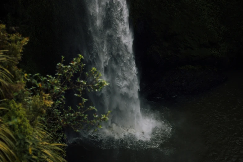 a waterfall surrounded by trees with dark foliage