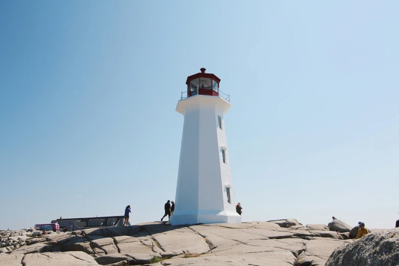 three people stand at the top of a lighthouse