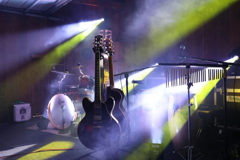 an electric guitar on stage being used by someone