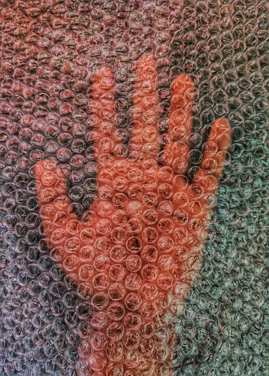 a hand sitting on top of a blue, red and grey cloth