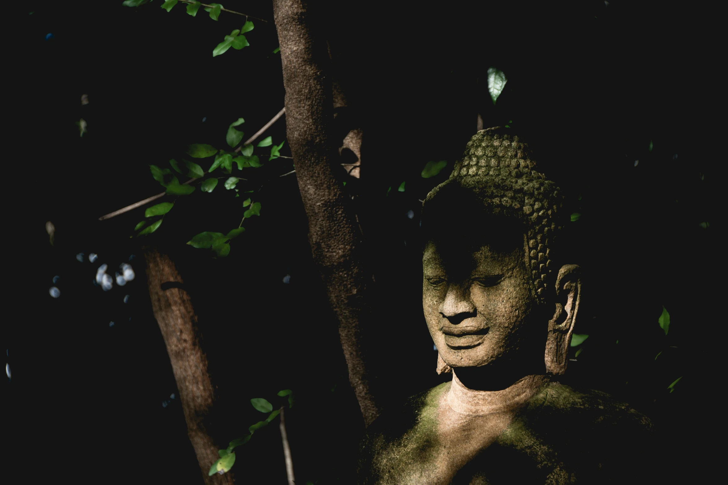 an intricate statue stands behind a small tree