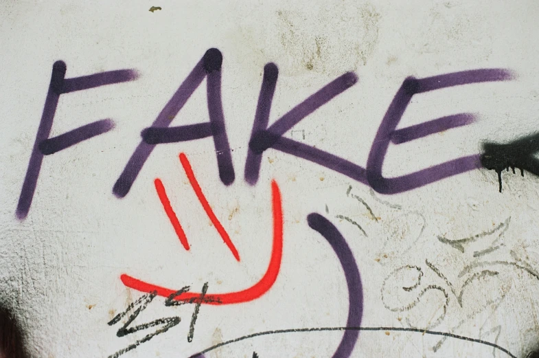 graffiti painted on a wall says fake