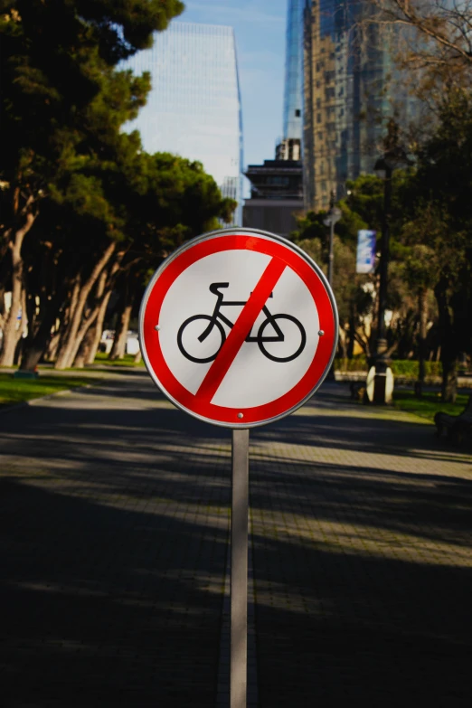 a sign stating no bicycles on it in a city