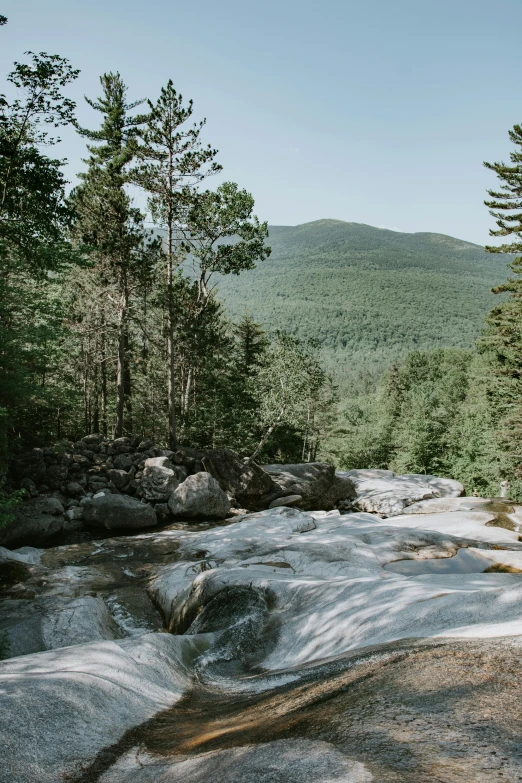 snow - covered rocks near water in the mountains with trees