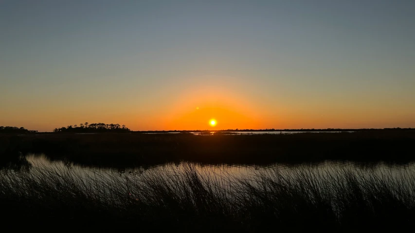 a sunset is shown in a marsh with tall grass