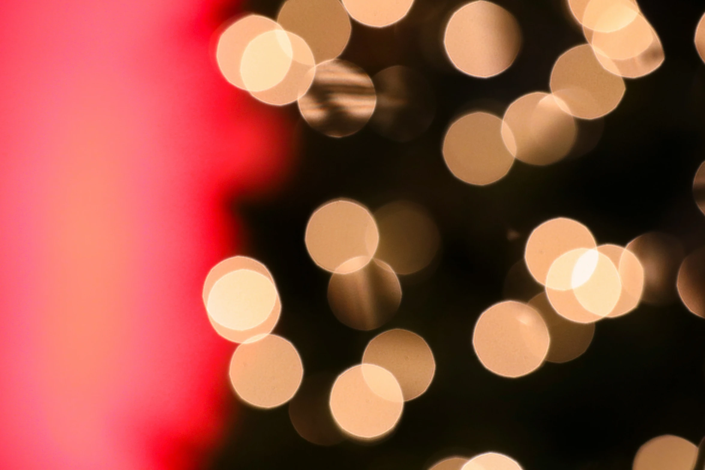 a very blurry christmas tree with boke and red decorations