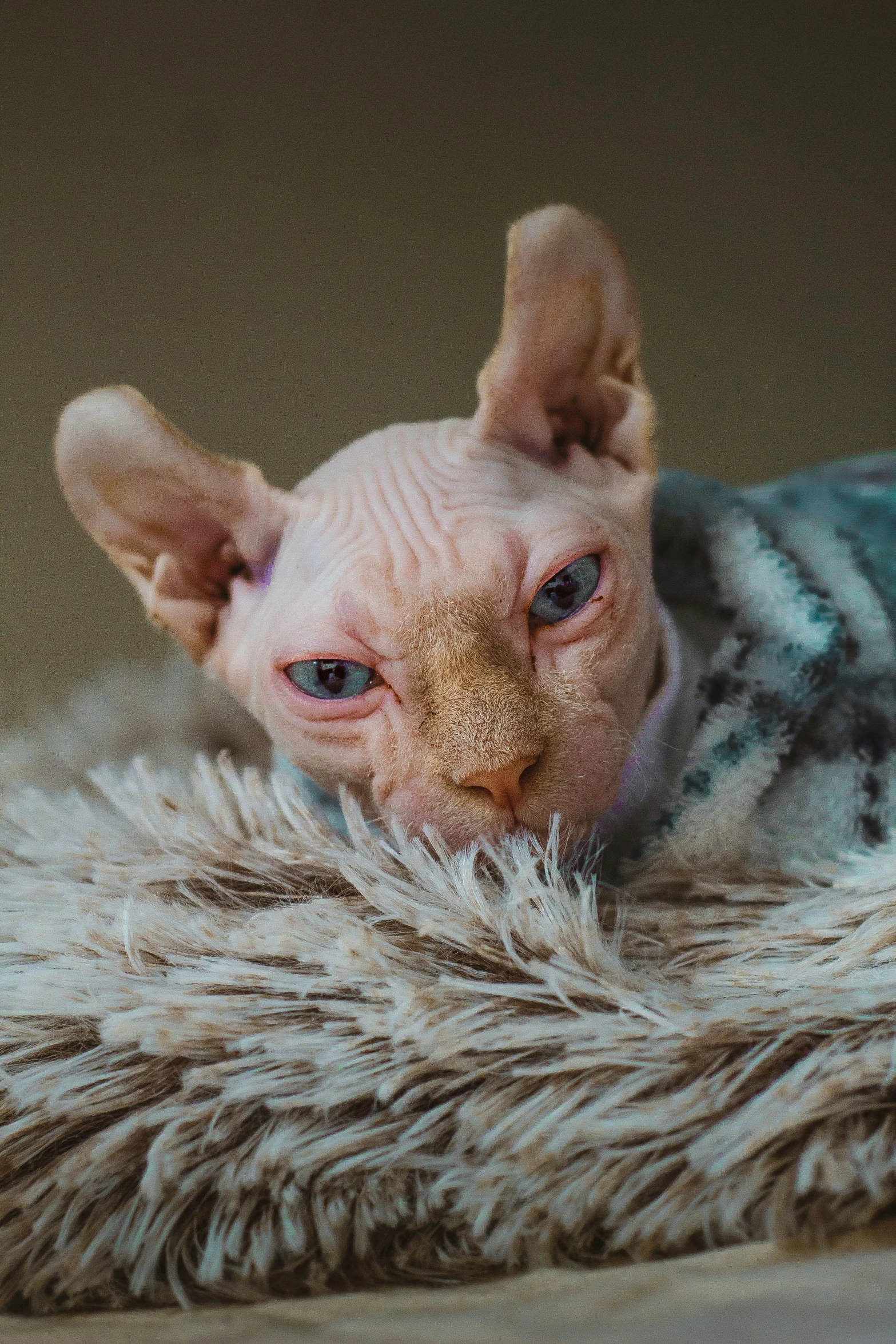 a sphy - haired cat with blue eyes rests on a fur rug