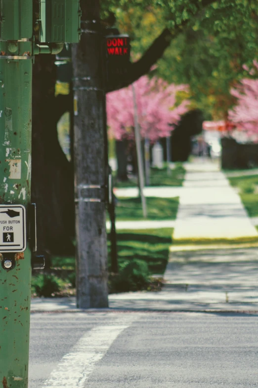 a red and white sign on a green pole