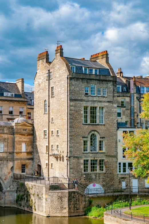 the old city buildings are next to the river