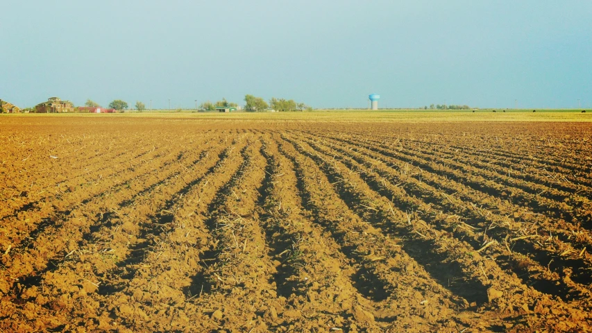 the tractor is driving across the brown field