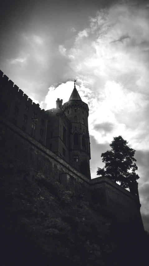 black and white image of the outside of an old castle