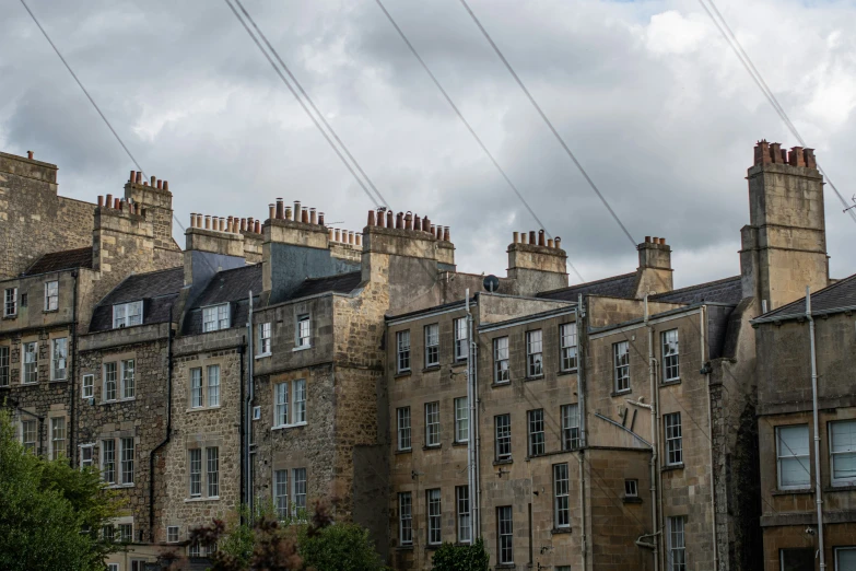 a view of some old buildings and power lines