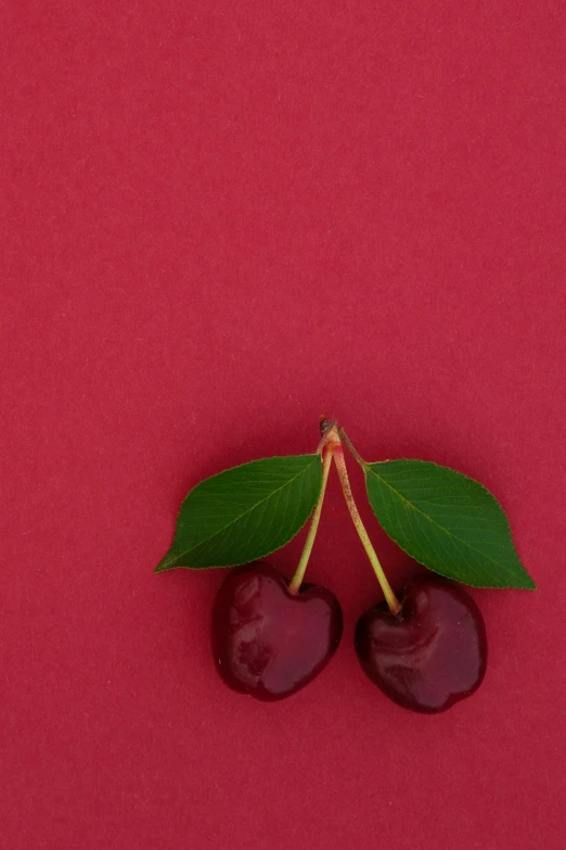 two cherries sitting next to each other on a red surface