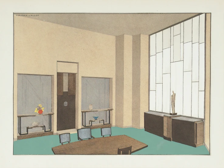 a drawing of a room with an open door and table