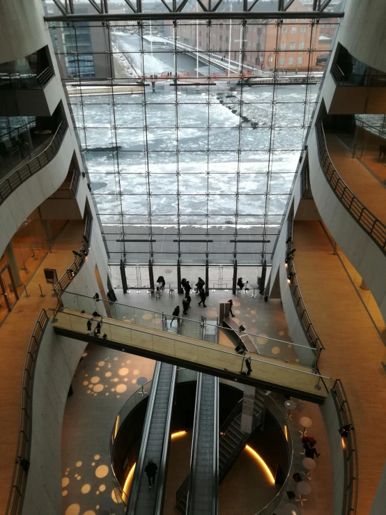 looking down from the top level at the indoor walkway