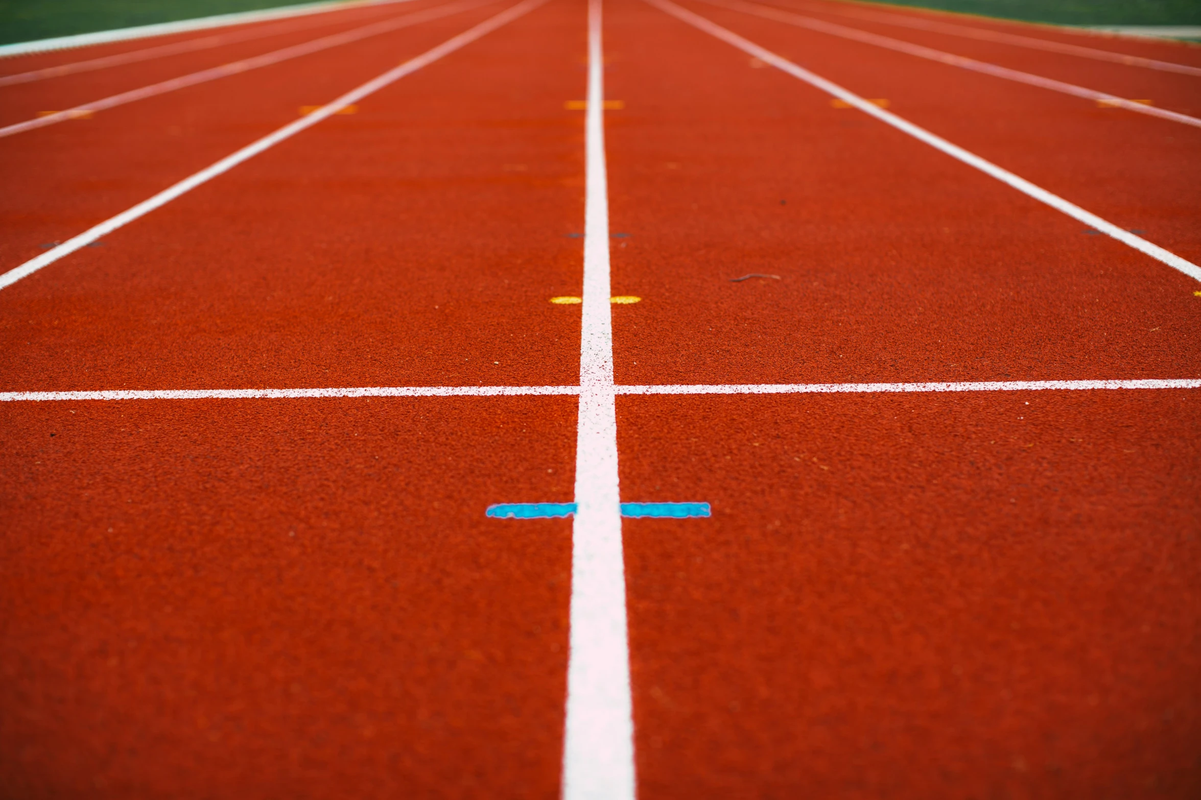 a red running track with blue markers on it