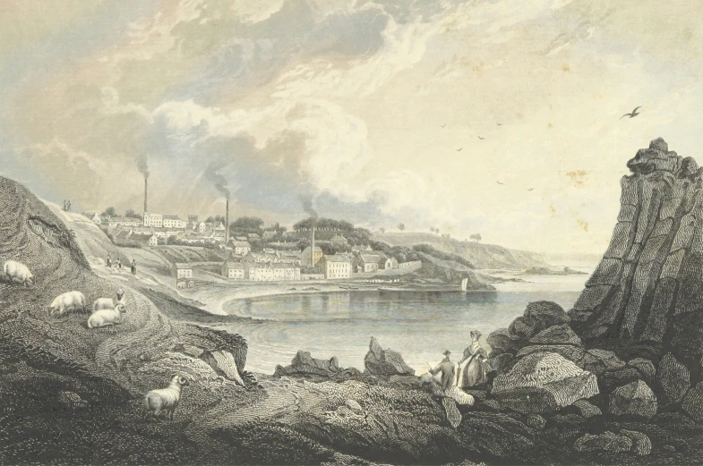 a river scene with smoke stacks above a city