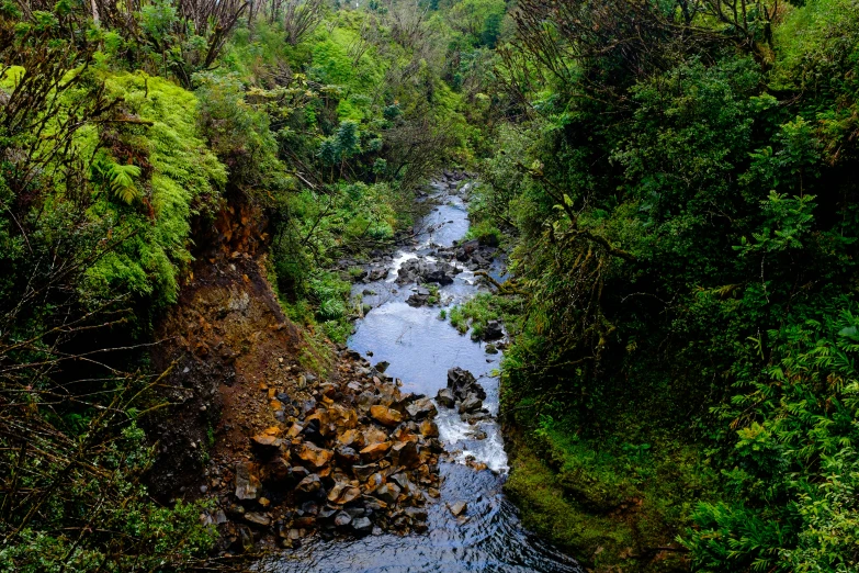 the view from above of a creek with a bridge over it