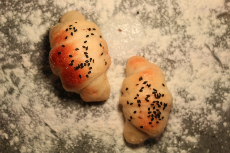 two pieces of bread covered with black sesame seeds